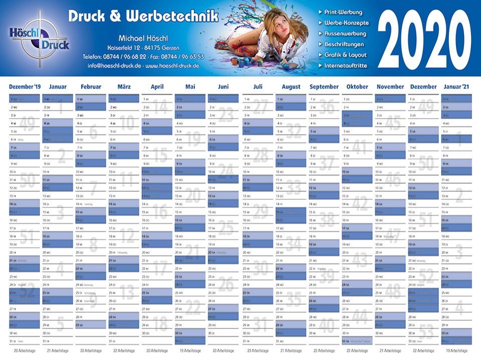 Höschl Druck Jahresplaner Format 70x100 cm im Offsetdruck