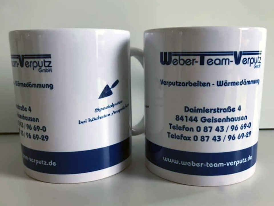 Kaffeetasse bedruckt Weber Team Verputz